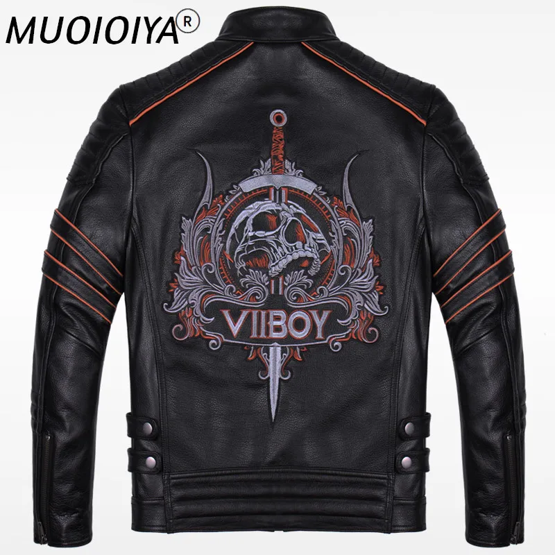 

New Men's Skull Embroidery Motorcycle Leather Jacket Punk Fashion Black Stand Collar Genuine Thick Cowhide Slim Fit Coats