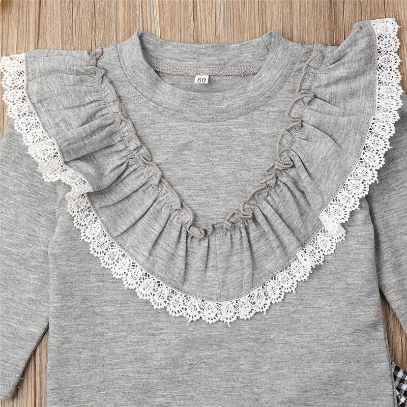 Комплект одежды в клетку с оборками для маленьких девочек кружевной топ + длинные