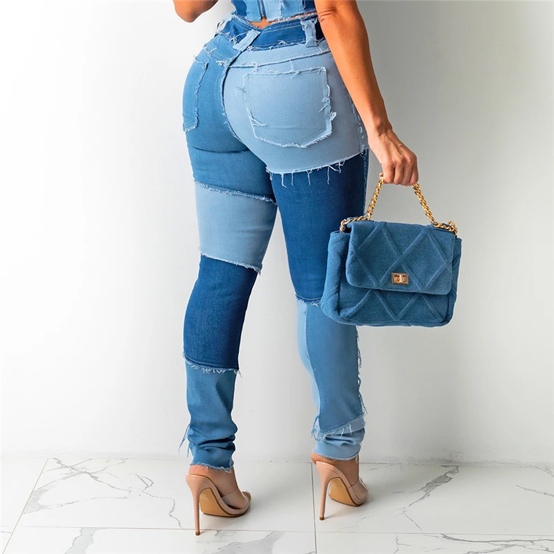 

Fashion Patchwork Jeans Women High Waist Tassel Streetwear Denim Trousers Female Blue Slim Denim Pencil Pants 2021 Autumn Lady