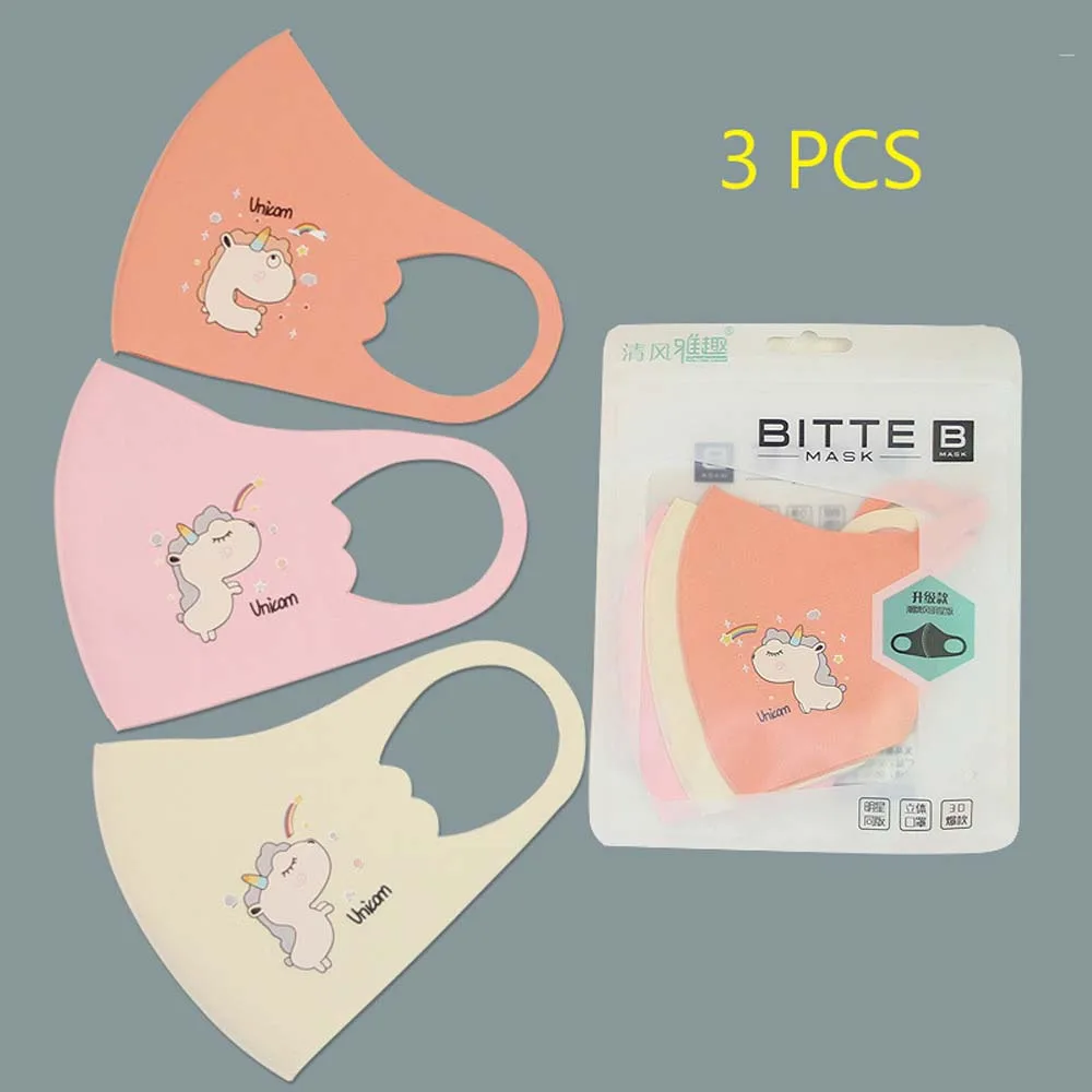3 Pcs Kids Face Mask Baby Children Washable Ice Silk Cute Cartoon Protective Mouth Masks |