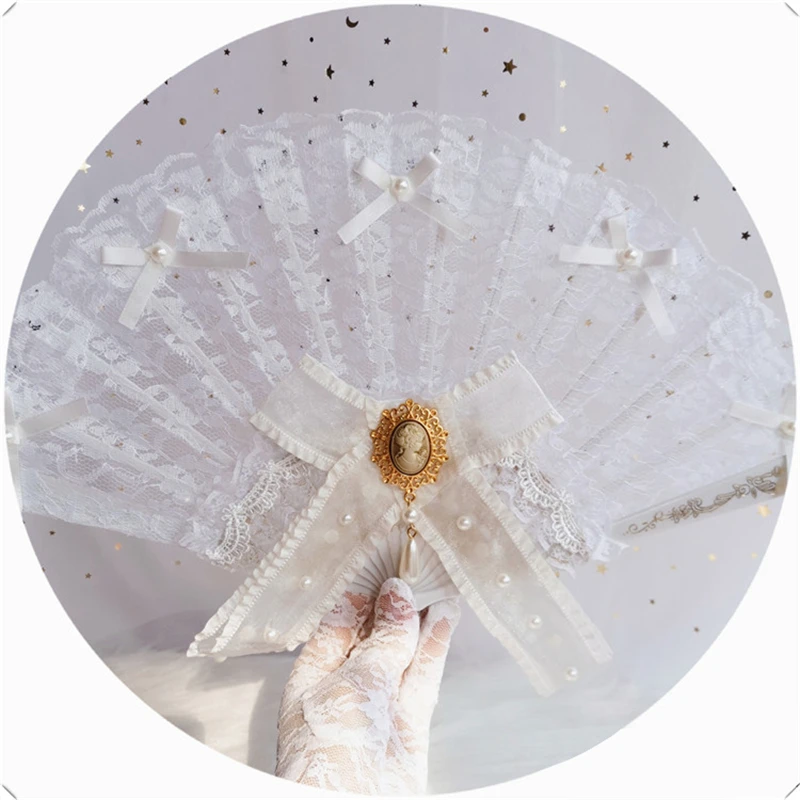 

Модный винтажный кружевной веер ручной работы с жемчужными бантами в стиле "Лолита" Harajuku Готическая модель для показа фотостудии для свадеб...