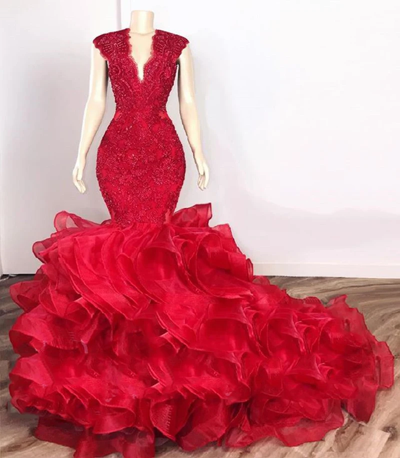 

Sexy Red Long Mermaid Prom Dresses 2020 New Sleeveless V Neck Tiered Sweep Strain Applique Formal Evening Dress Party Gowns
