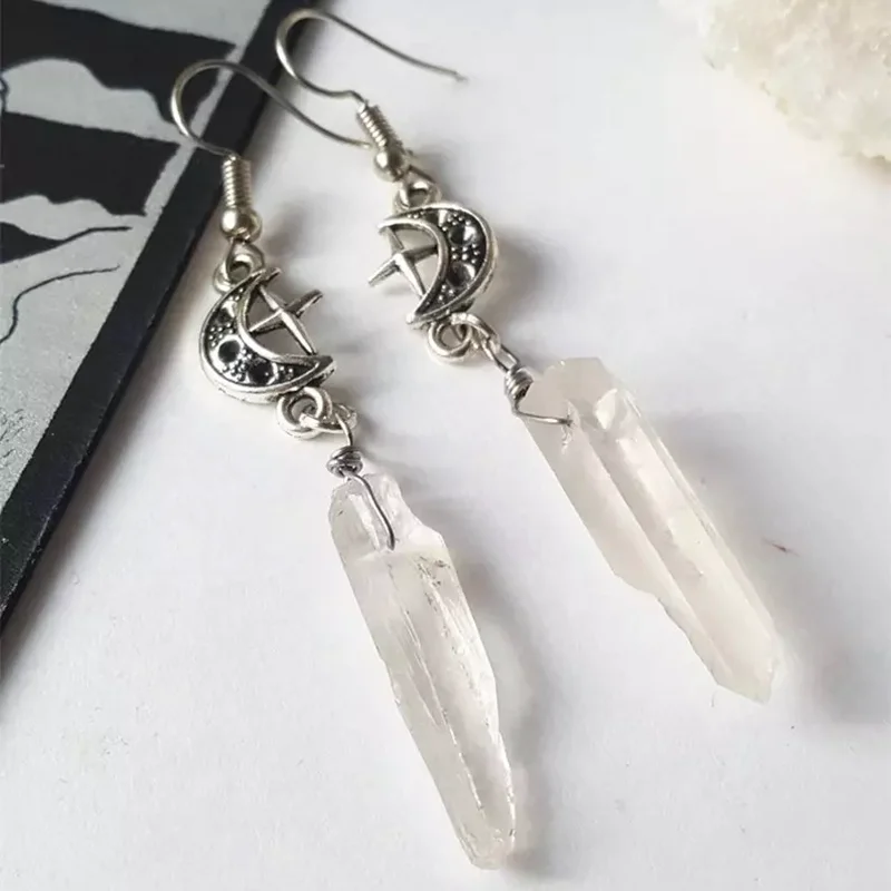 

Clear Quartz Moon Earrings - Boho, Witchy, Natural Stones, Esoteric, Celestial, Alternative, Nugoth, Gothic, Romantic.star Gift
