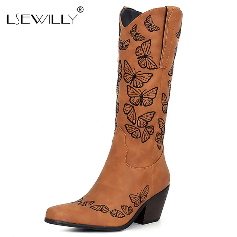 

Lsewilly 2021 New Cowboy Boots Ethnic Butterfly Embroidery Chunky Heels Autumn Women Shoes Knee High Riding Equestrian Boots