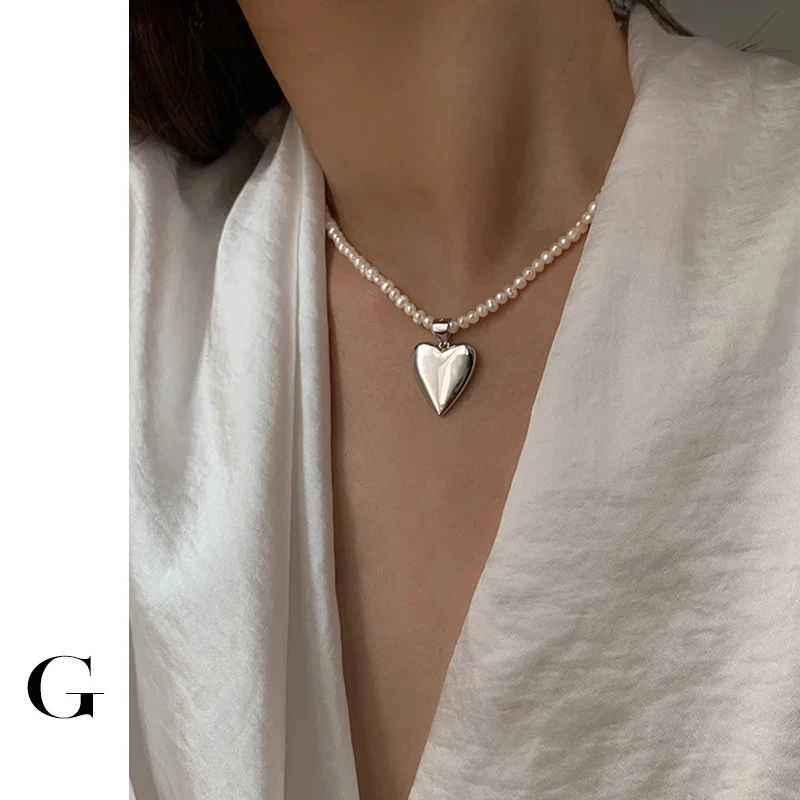 

GHIDBK 925 Sterling Silver Heart Pendant Seed Pearls Chain Necklace Baroque Natural Freshwater Pearl Collar Chokers Ins Necklace