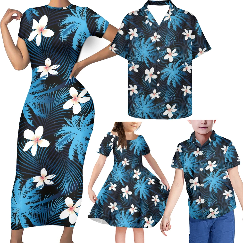 

HYCOOL Hibiscus Print Mom And Daughter Floral Dress Polynesian Tribal Clothing Family Set Fashion Family Matching Summer Outfits