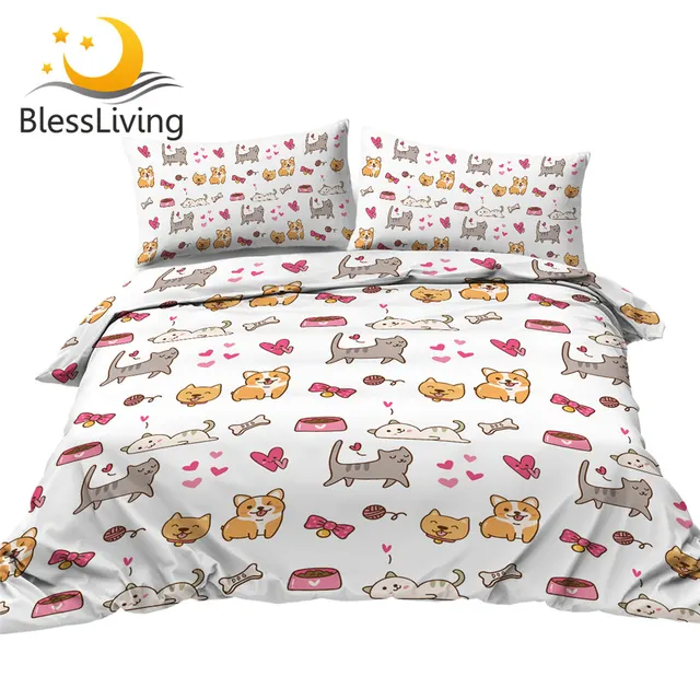 BlessLiving Kawaii Bedding Set Dog and Cat Bed Set for Kids Corgi Duvet Cover Hearts Cartoon Funny Bedclothes Queen King 3pcs 1
