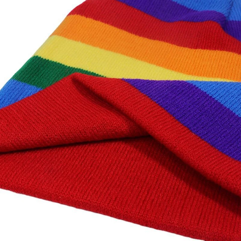 

Unisex Winter Warm Rainbow Striped Knit Beanie Hat Double Layer Skiing Skull Cap