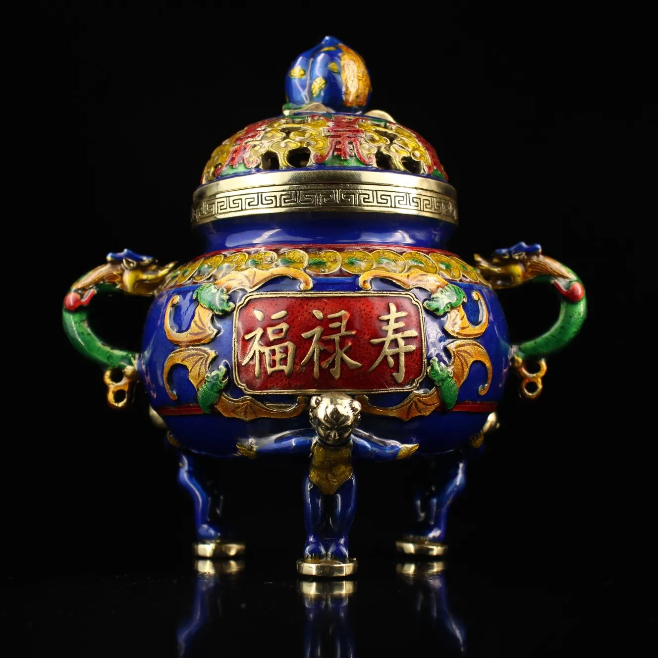 

8"Chinese Folk Collection Old Bronze Cloisonne Enamel Dragon statue Binaural Fu Lu Shou Three-legged incense burner Ornaments