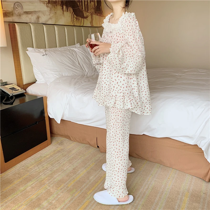 

red cherry print home clothes women pajamas set shirts pants sleepwear 2 piece set ladies nightgowns cotton homewear