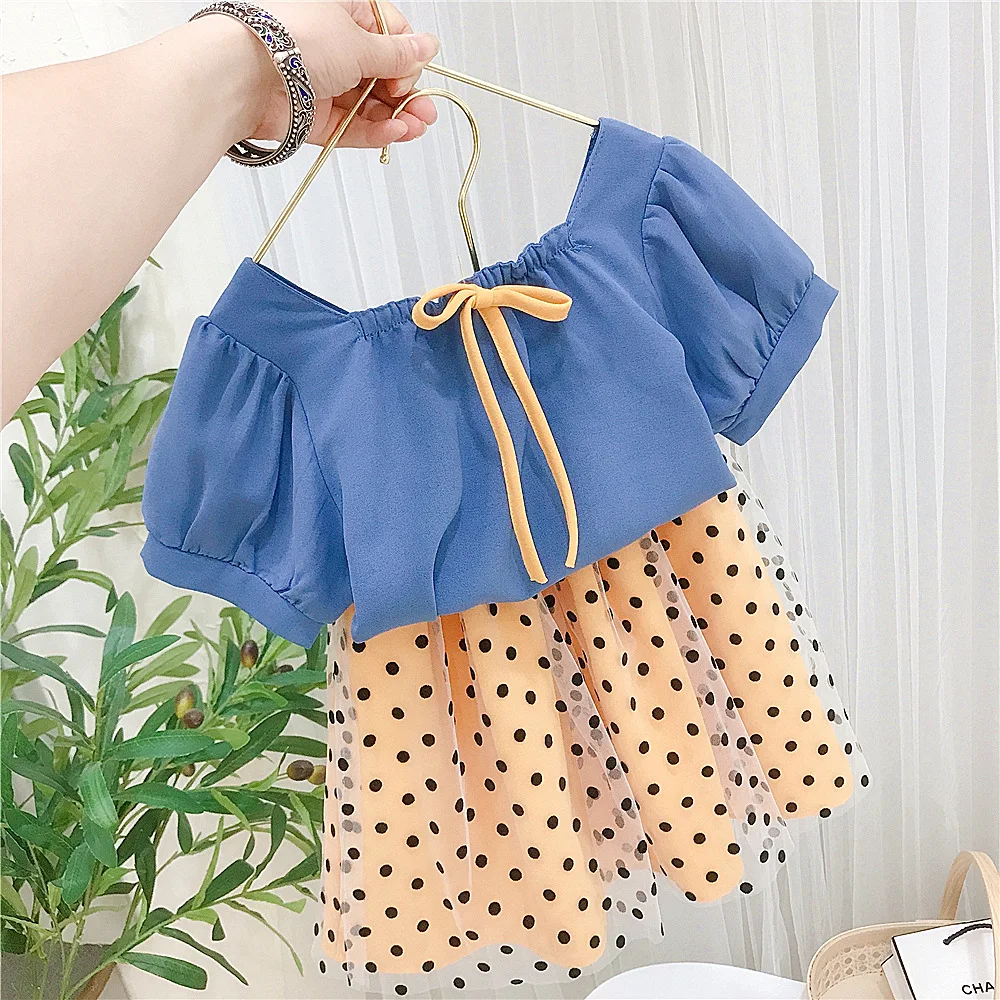 

Girls Clothes Set Summer Wear Blue Color Blouse Shirt Yellow Dot Skirt Toddler Girl Clothing Sets for Kdis Baby Clothing