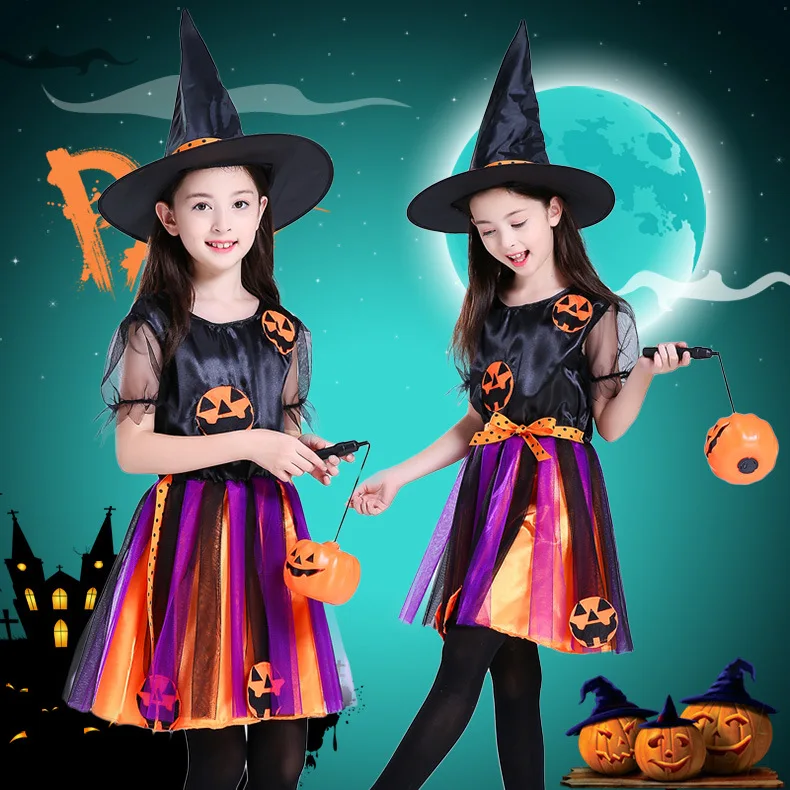 

Halloween Gothic Pumpkin Witch Cosplay Costumes for Kids Girls Carnival Party Fancy Dress Masquerade Stage Performance Outfits