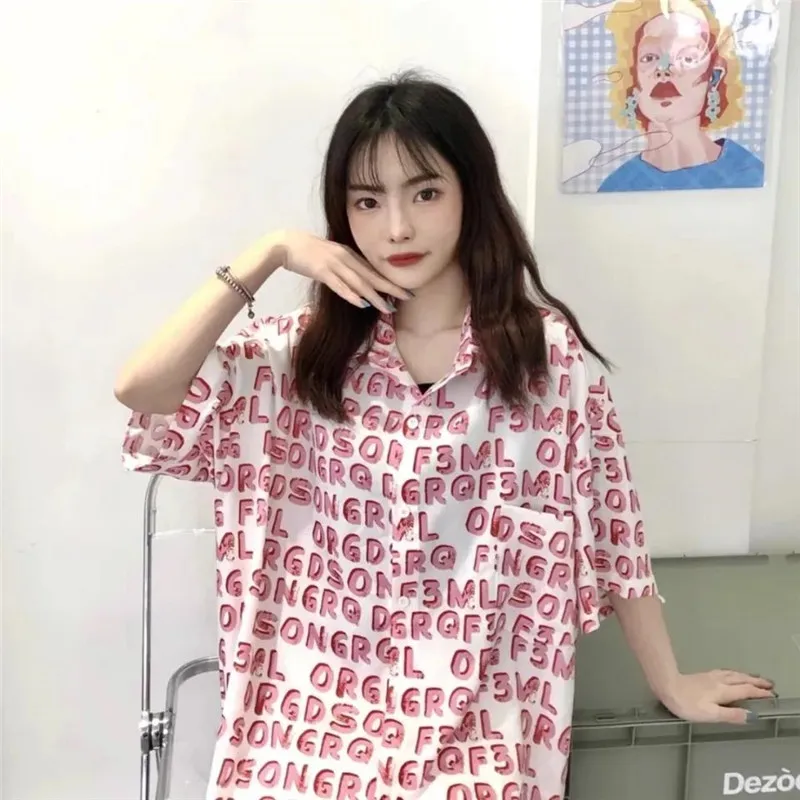 

Модная рубашка с буквенным принтом, забавная летняя рубашка большого размера для девушек, женские корейские готические топы, японская одеж...