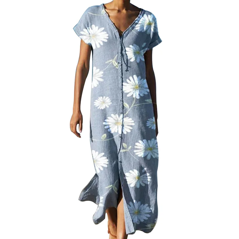 

BAMBOOBOY Summer New Women's Elegant Flower Printed Split V-neck Beach Holiday Casual Loose Dress FC947