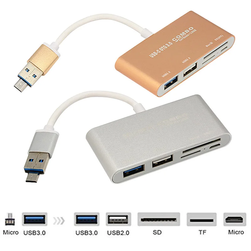 

USB 3.0 OTG HUB SD TF Card Reader Aluminum Alloy High Speed Multifunction Converter @M23