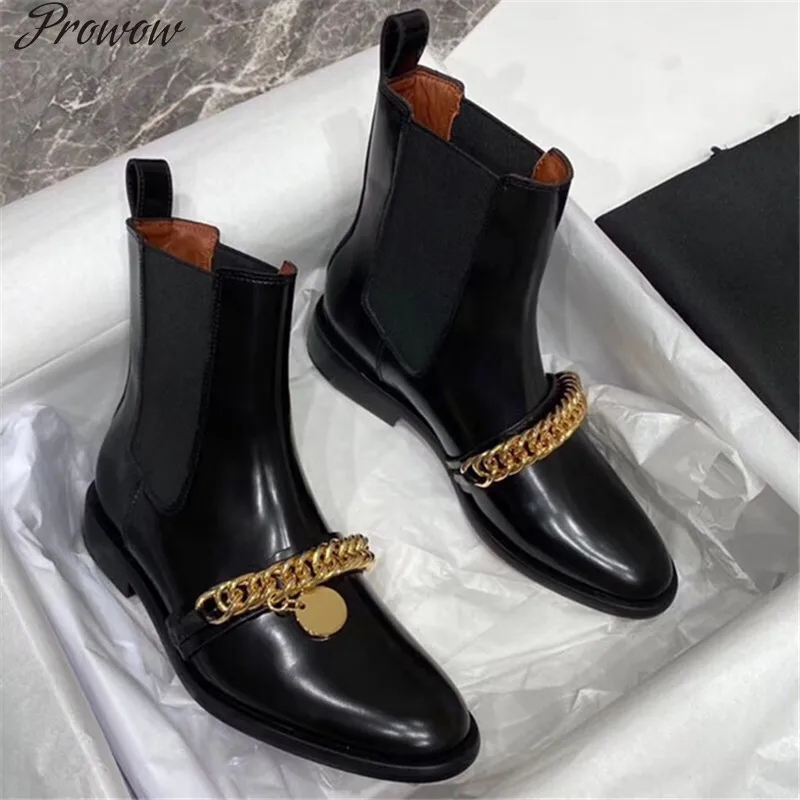 

Prowow Furry Black Leather Winter Shoes Woman Chains Ankle Boots Combat Chelsea Booties Slip On Martin Round Toe