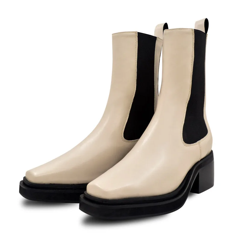 

2020 The New Leather Chelsea Boots Women European and American Square Toe Women's Casual Retro Locomotive Viscose Shoes