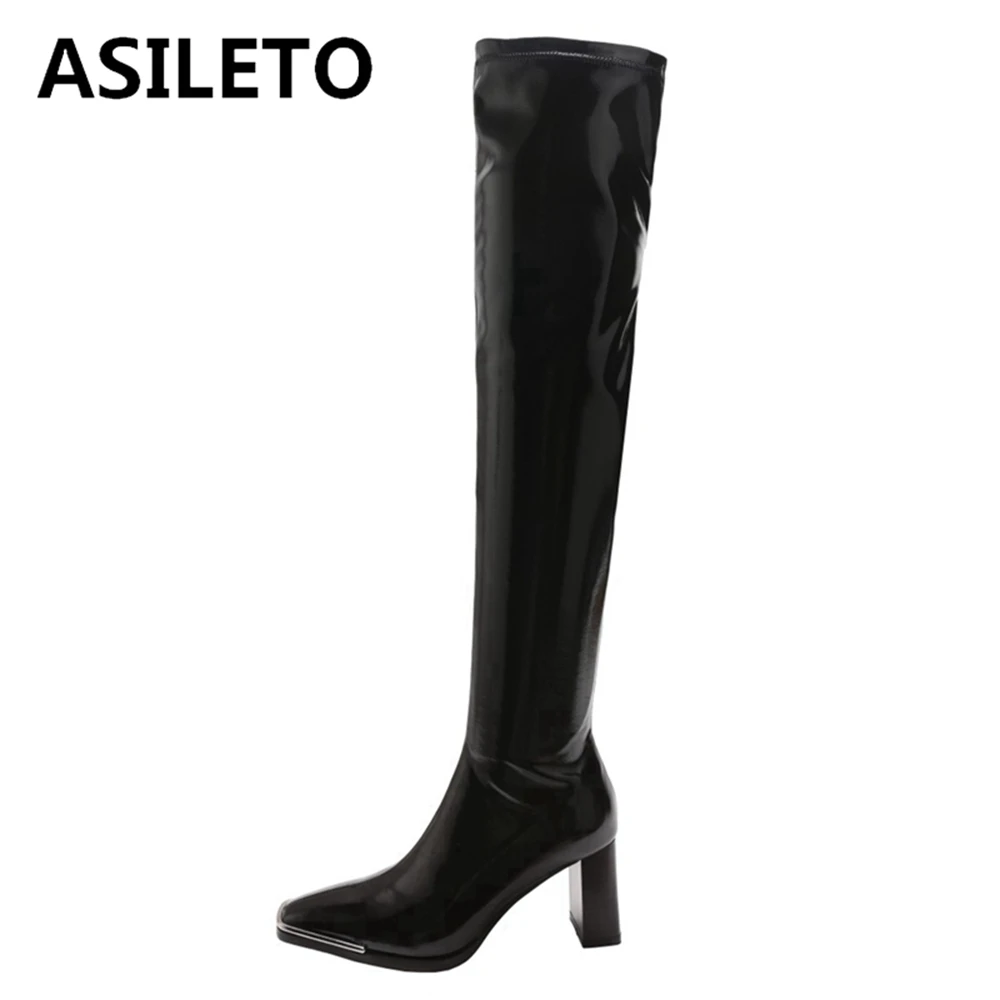 

ASILETO Shoes women Genuine leather Female Over the knee boots Patent leather Square toe Fashion Sexy Zipper High quality Cool