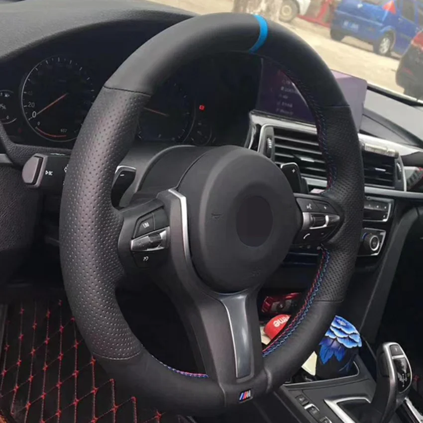 black leather blue marker car steering wheel cover for bmw f33 f30 m2 m3 f82 m4 m5 f12 f13 m6 f85 x5 x6 f87 f80 m sport free global shipping