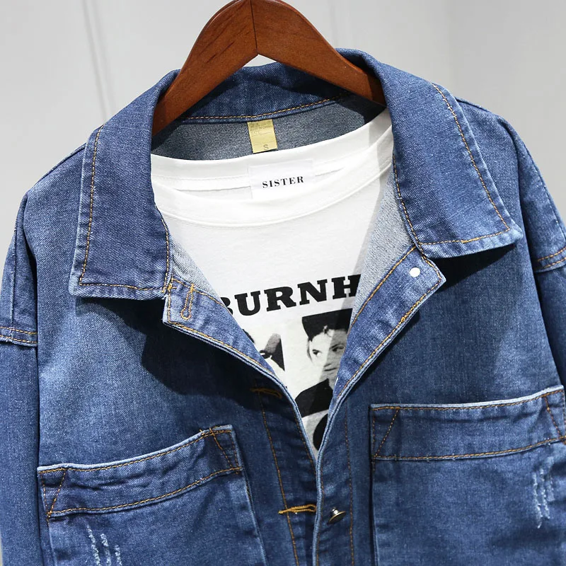 Женская джинсовая куртка из потертого хлопка повседневная короткая с большими