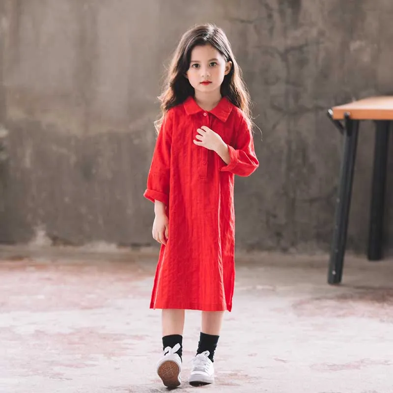Платье для девочек 2019 г. повседневные платья-рубашки с длинными рукавами и
