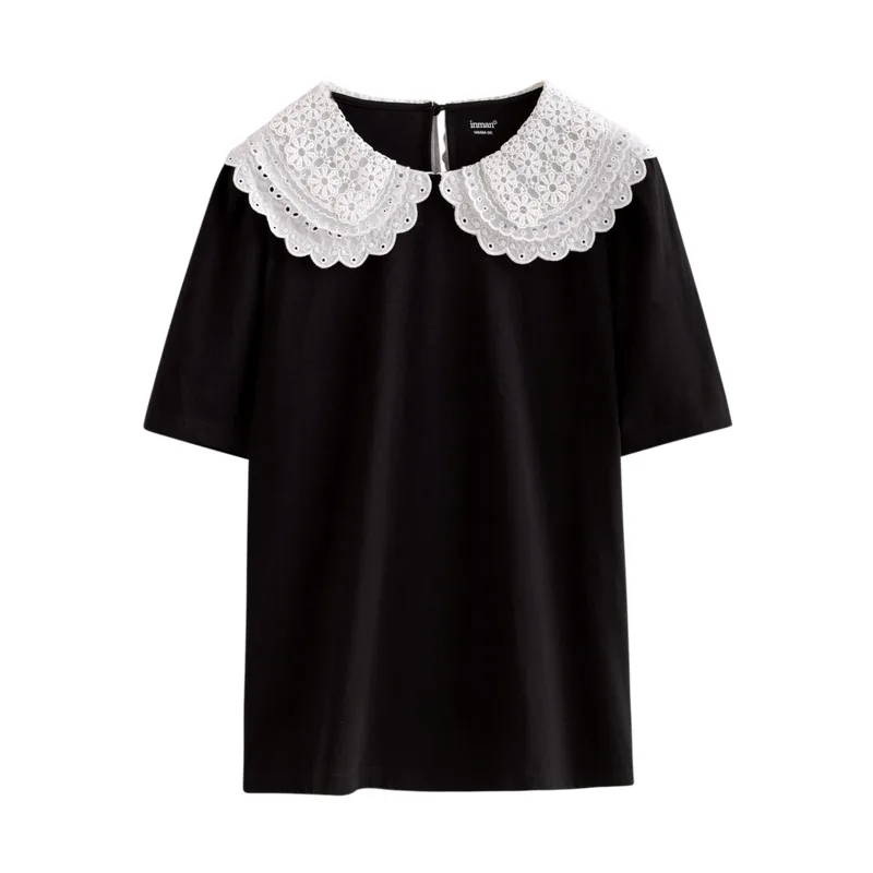 

INMAN Summer Female's Top Simple Lady Style Stereoscopic Jacquard Doll Round Neck Water Drop Back Collar Short-Sleeved T-shirt