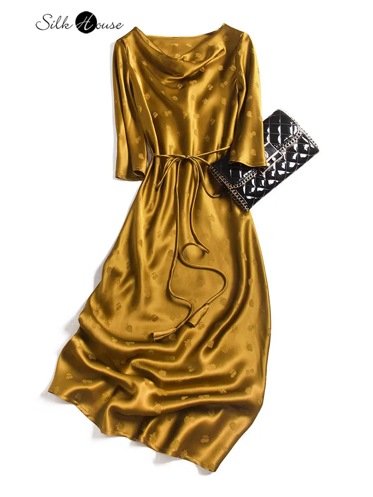 

Jacquard Party Light Luxury Dress Mulberry Silk Satin Jacquard Satin Dress Real Silk Dangling Collar French Fashion Silk Dress