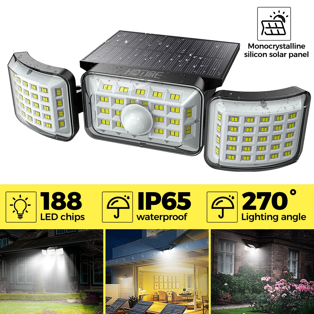 188 LED Solar Power Lights Waterproof PIR Motion Sensor Garden Outdoor Wall Lamp 