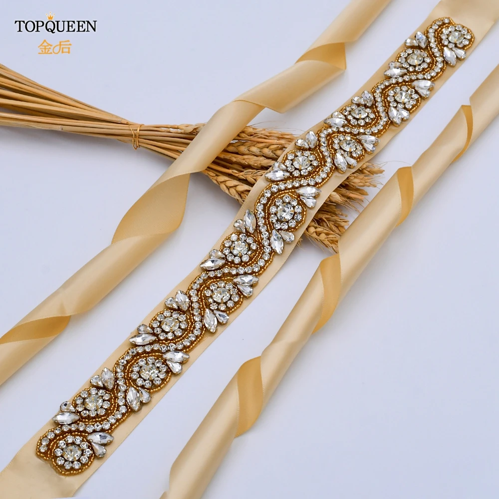 TOPQUEEN S164-G Золотая лента для платья Золотые стразы пояс невесты подружки