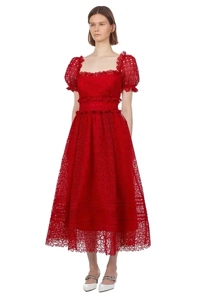 High-end Design Women Fashion Slash Neck Red Lace Long Dress 2020 Newest Summer Self-Portrait Ladies Puff Sleeve Runway Dresses | Женская
