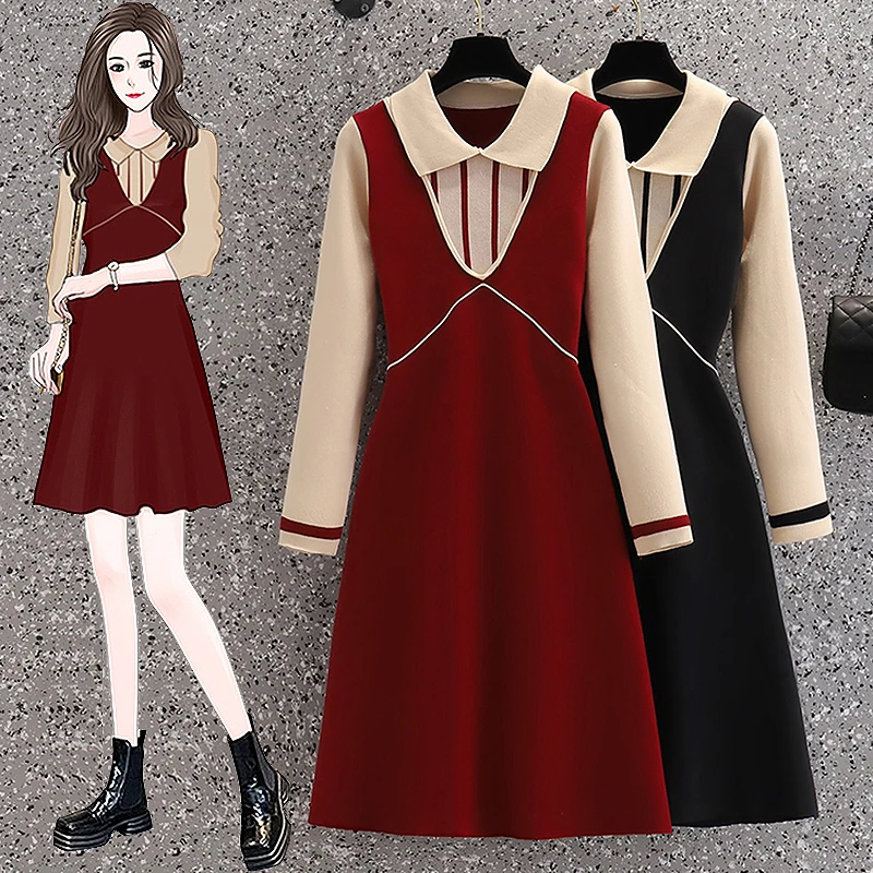 

Женское трикотажное платье средней длины, элегантное платье-свитер составного кроя с цветочным принтом и поясом, Осень-зима