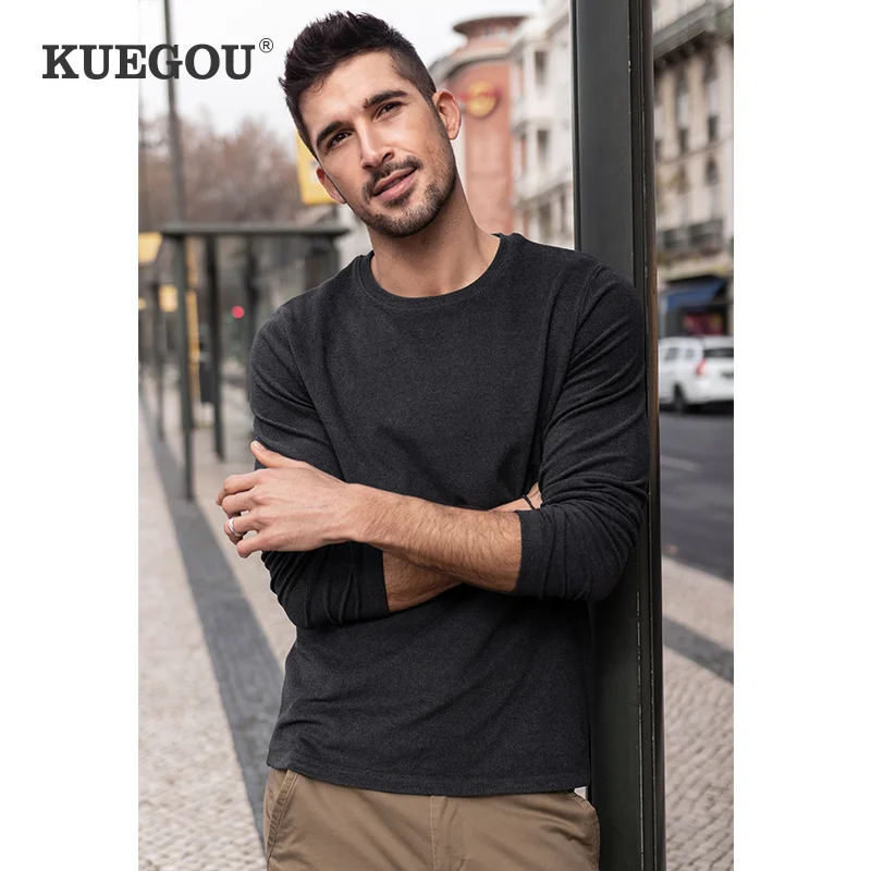 

KEUGOU Autumn Men T-shirt Long Sleeve Fashion Extend Tshirt Solid Slim Warm Dralon Elastic High Quality Top Plus Size 88081