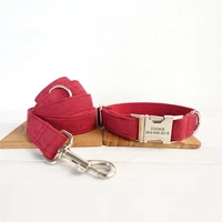 personalized pet collar customized nameplate id tag adjustable soft red suede fabric cat dog collars lead leash set