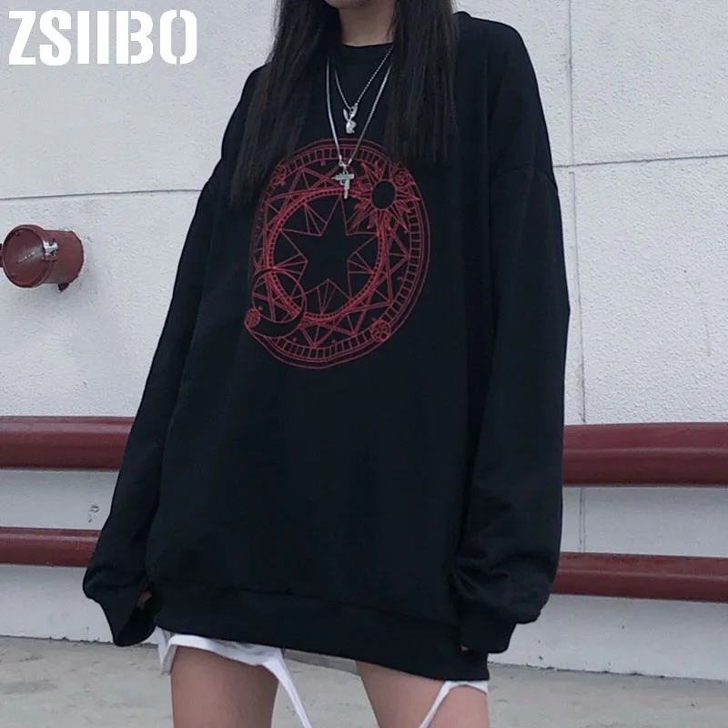 

2019 Women's sweatshirt Pentagram printing hooded O-neck Harajuku sweatshirts long-sleeved loose winter Pullovers hoodies