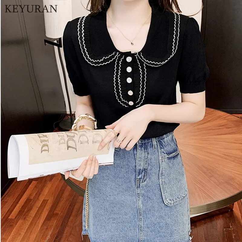 

2021 Summer New Loose Peter Pan collar Ruffles Ice Silk Sweater Women's Short-sleeved T-shirt Thin Section Knitted T Shirt Tops