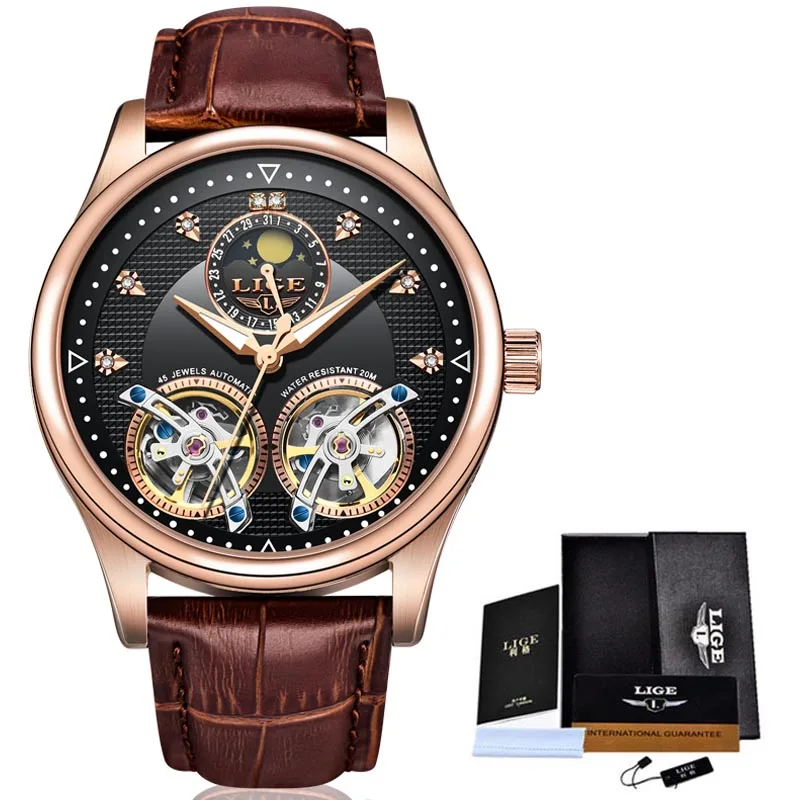 

Free shipping LIGE Top Brand Luxury Business Men Watches Automatic Mechanical Tourbillon Watches Sports Leather Waterproof Clock