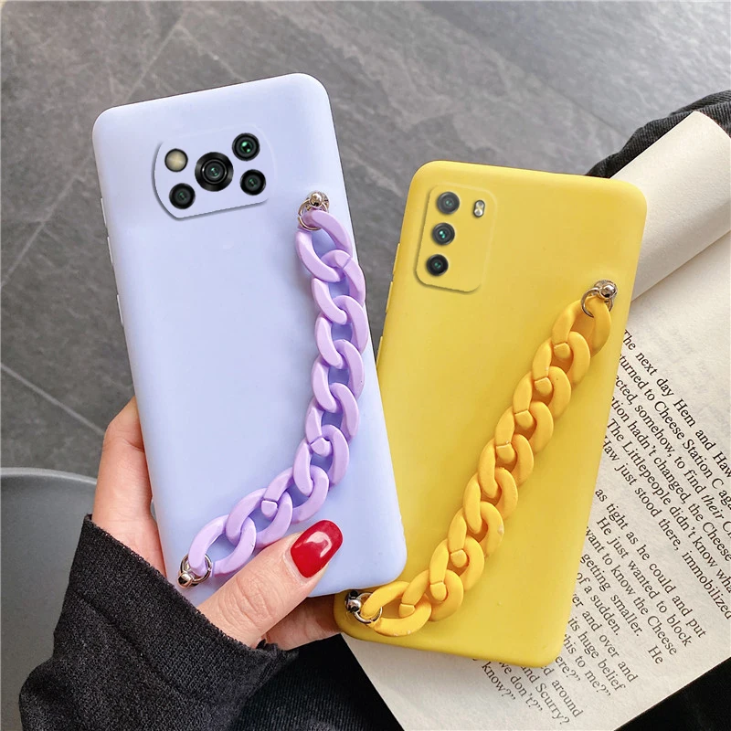 Candy Color Silicone Wriststrap Bracelet Chain Phone Case For Xiaomi Mi Poco X3 Pro Nfc F3 M3 Pro Soft Tpu Cover