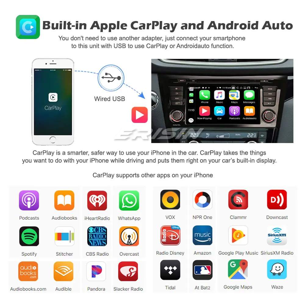 Erisin 8752 8 &quotOcta-Core Android 10 0 CarPlay &amp Auto 4G DSP DVB-T2 GPS DAB Autoradio для Nissan X-Trail Qashqai Rogue 2014 ~ 2018 |