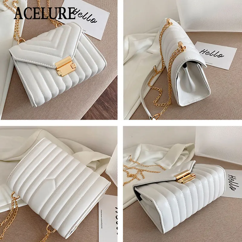 

ACELURE 2021 Fashion Thread PU Leather Small Shoulder Bags for Women Solid Color Small Metal Chain Messenger Bags Ladies Purse