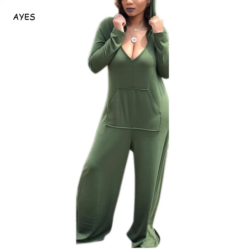

Loose Plus Size Jumpsuit Women Autumn Spring Romper Women Solid Long Sleeve Deep V Sexy Jumpsuits Large Overall Wide Legs 3xl
