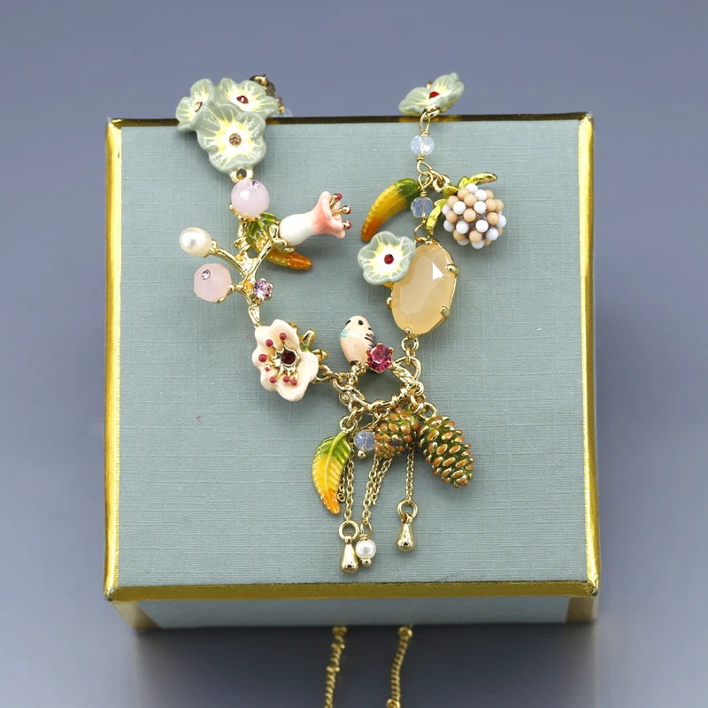 S04-044J Robin эмаль птичка розовый жемчуг драгоценный камень ожерелья с