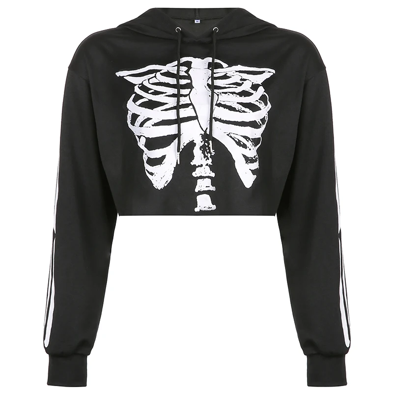 HEYounGIRL Harajuku Gothic Crop Top Hoodie Sweetshirts Women Casual Loose Black Hooded Sweatshirt Skull Print Y2K Pullovers 2021