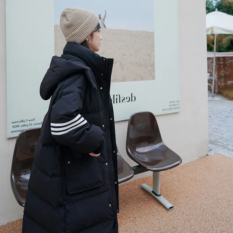 

Cloth Ribbon Black Down Cotton-padded Jacket Women's Long Winter Korean Version Loose Padded Hooded Cotton Jacket