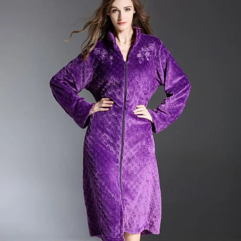 

Purple Flannel Robe Women Winter Sleepwear Long Sleeve Bathrobe Gown Coral Fleece Nightgown Femme Loungewear Kimono Gown