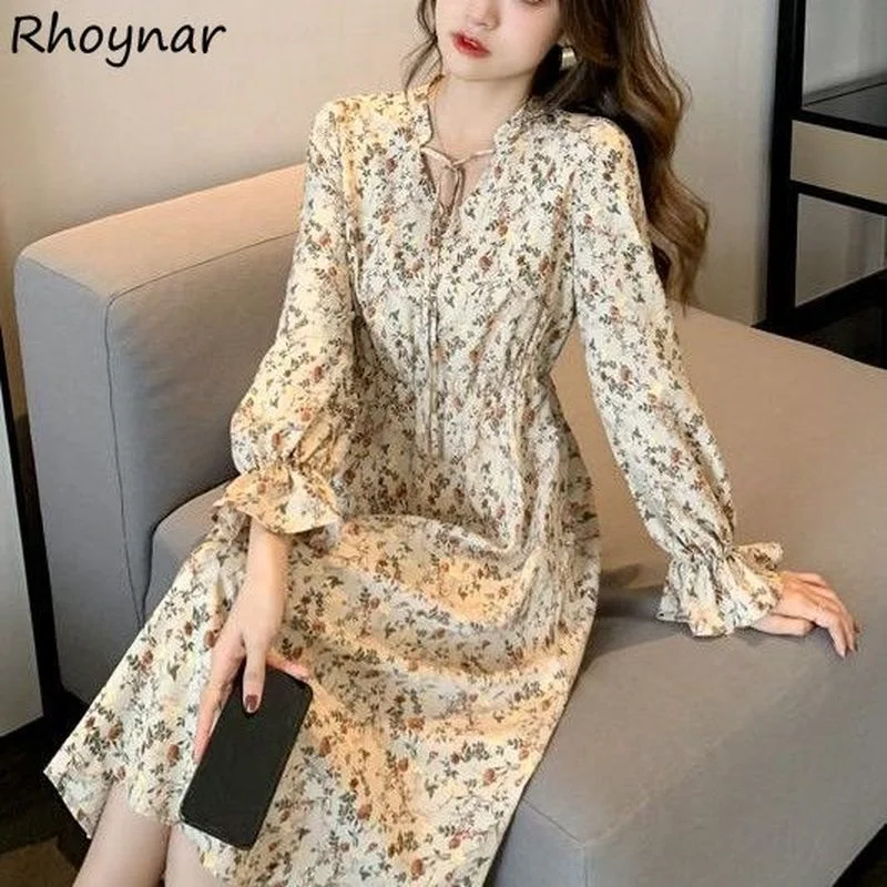 

Long Flare Sleeve Dress Women Spring New Arrive Vestidos Tender Bow Collar Mid-calf Floral Elegant Vintage Stylish A-line Ins