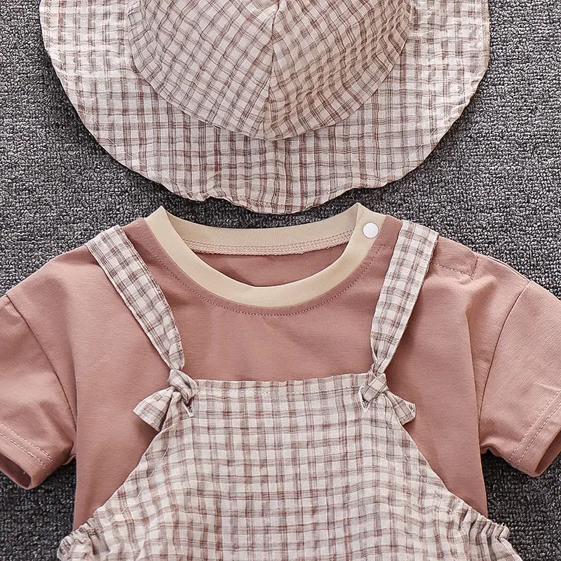 

Baby clothes summer new Plaid Cotton suspenders short sleeve suit boys' and girls' Jumpsuit shorts creeping suit