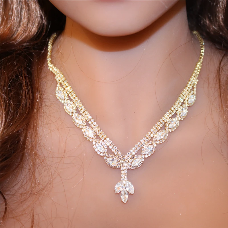 

New Exquisite Shining Zircon Crystal Earrings Necklace Set Luxury Romantic Bride Wedding Jewelry Set Wholesale And Retail