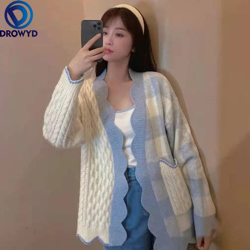 

2021 Winter Knitted Cardigan Jacket Korean Loose Lazy Style Contrast Color Plaid Sweater Blouse Single-breasted Sweater Jacket