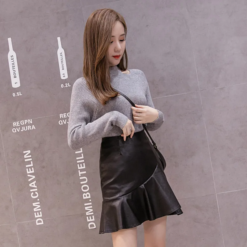 Комплект из 2 предметов женская одежда 2019 Вязаный топ искусственной кожи с рюшами