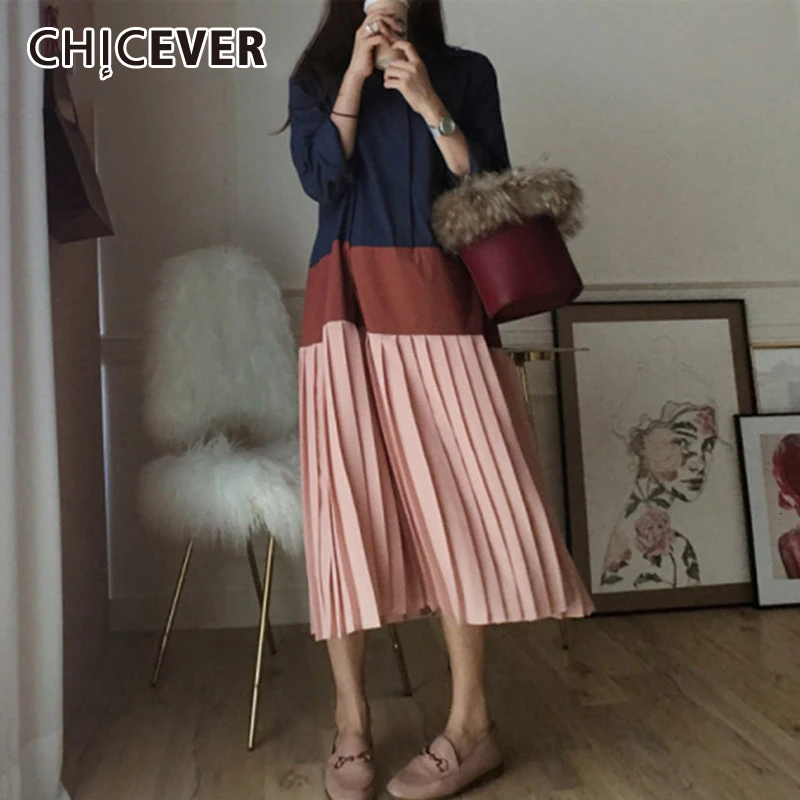 CHICEVER корейский стиль лоскутные хит разноцветное платье женские отворот воротник